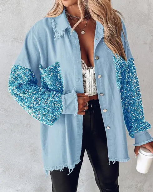 Contrast Sequin Turn-down Collar Long Sleeve Tassel Design Fuzzy Shacket with Pocket Lighted Blue