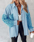 Contrast Sequin Turn-down Collar Long Sleeve Tassel Design Fuzzy Shacket with Pocket Lighted Blue