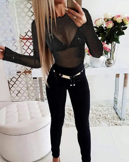 Glitter Lurex Mock Neck T Shirt Casual Sheer Mesh Slim Fit Blouse Top black