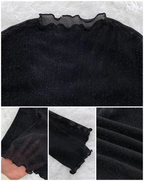 Glitter Lurex Mock Neck T Shirt Casual Sheer Mesh Slim Fit Blouse Top black