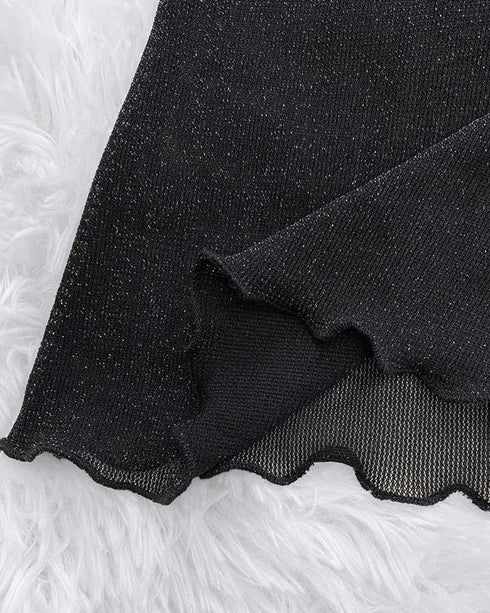 Glitter Lurex Mock Neck T Shirt Casual Sheer Mesh Slim Fit Blouse Top black
