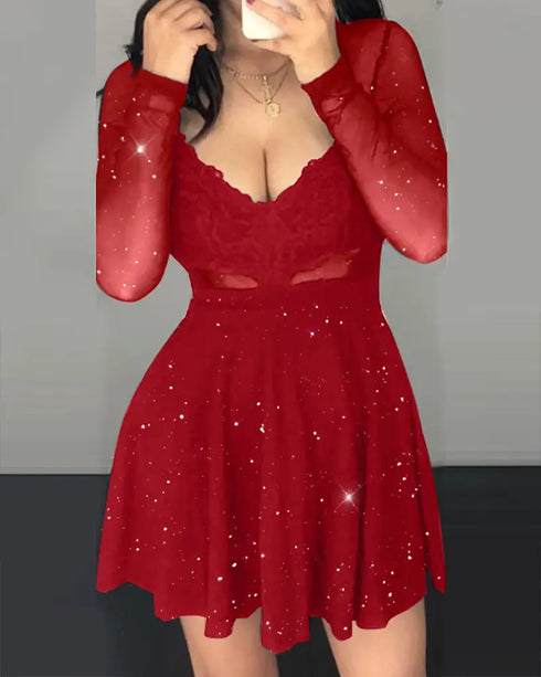 Dot Mesh Ruffles Long Sleeve Dress red