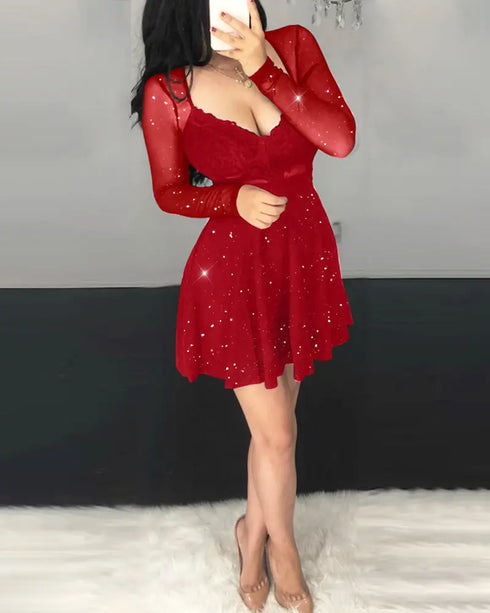 Dot Mesh Ruffles Long Sleeve Dress red