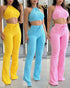 2 Piece Waffle Knit Halter Backless Crop Top High-Waisted Drawstring Wide Leg Casual Pants Set yellow