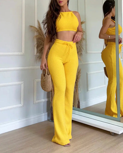 2 Piece Waffle Knit Halter Backless Crop Top High-Waisted Drawstring Wide Leg Casual Pants Set yellow