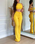 2 Piece Waffle Knit Halter Backless Crop Top High-Waisted Drawstring Wide Leg Casual Pants Set yellow