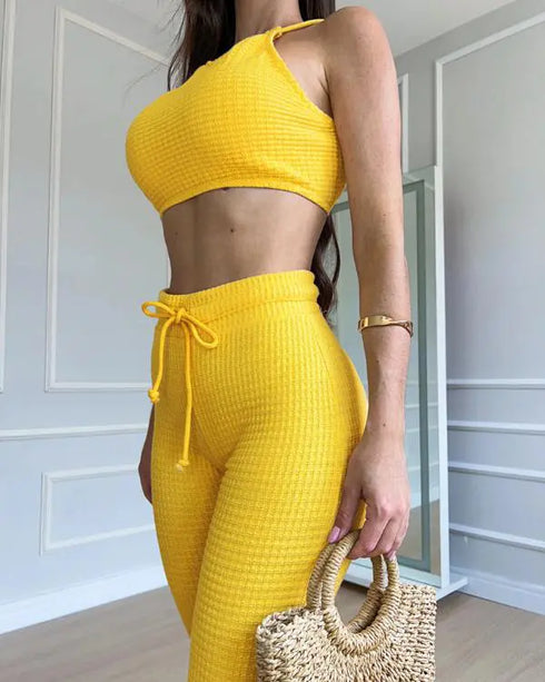 2 Piece Waffle Knit Halter Backless Crop Top High-Waisted Drawstring Wide Leg Casual Pants Set yellow