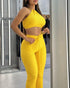 2 Piece Waffle Knit Halter Backless Crop Top High-Waisted Drawstring Wide Leg Casual Pants Set yellow