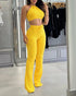 2 Piece Waffle Knit Halter Backless Crop Top High-Waisted Drawstring Wide Leg Casual Pants Set yellow