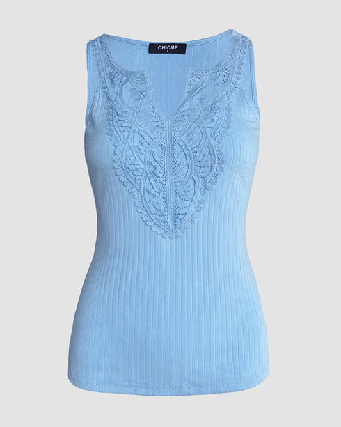 Contrast Lace V Neck Sleeveless Knit Top Casual Slim Fit Tank blue