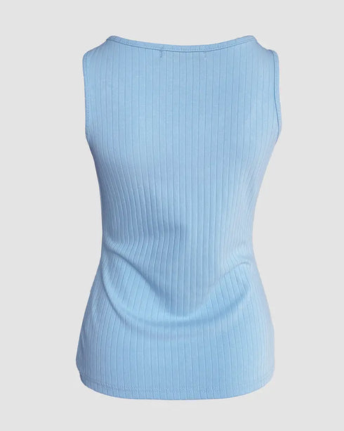 Contrast Lace V Neck Sleeveless Knit Top Casual Slim Fit Tank blue