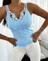 Contrast Lace V Neck Sleeveless Knit Top Casual Slim Fit Tank blue