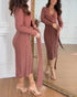 Cable Textured Overlap Deep V-Neck Long Sleeve Mid-Length Dress Tie Waist Slim Fit Knit Dress brown