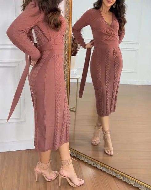 Cable Textured Overlap Deep V-Neck Long Sleeve Mid-Length Dress Tie Waist Slim Fit Knit Dress brown
