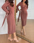 Cable Textured Overlap Deep V-Neck Long Sleeve Mid-Length Dress Tie Waist Slim Fit Knit Dress brown