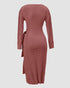 Cable Textured Overlap Deep V-Neck Long Sleeve Mid-Length Dress Tie Waist Slim Fit Knit Dress brown