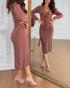 Cable Textured Overlap Deep V-Neck Long Sleeve Mid-Length Dress Tie Waist Slim Fit Knit Dress brown