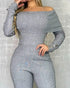 2 Pieces Outfit Button Decor Foldover Off Shoulder Slim Fit Top and Elastic Waist Wide Leg Pants Set Casual Ribbed Set gray