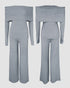 2 Pieces Outfit Button Decor Foldover Off Shoulder Slim Fit Top and Elastic Waist Wide Leg Pants Set Casual Ribbed Set gray