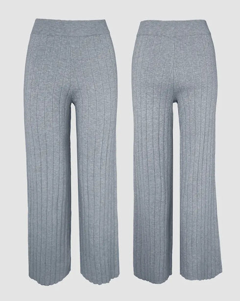 2 Pieces Outfit Button Decor Foldover Off Shoulder Slim Fit Top and Elastic Waist Wide Leg Pants Set Casual Ribbed Set gray