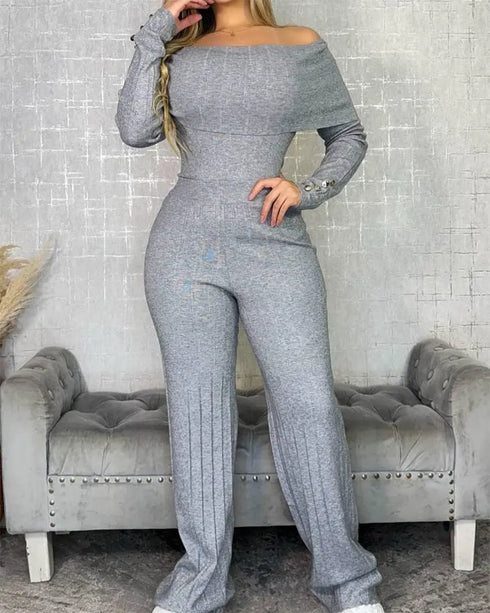 2 Pieces Outfit Button Decor Foldover Off Shoulder Slim Fit Top and Elastic Waist Wide Leg Pants Set Casual Ribbed Set gray