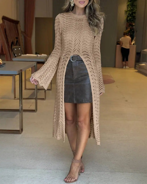 Round Neck Asymmetrical Hem Hollow Out Knitted Sweater Casual Scallop Trim Bell Sleeve Top khaki