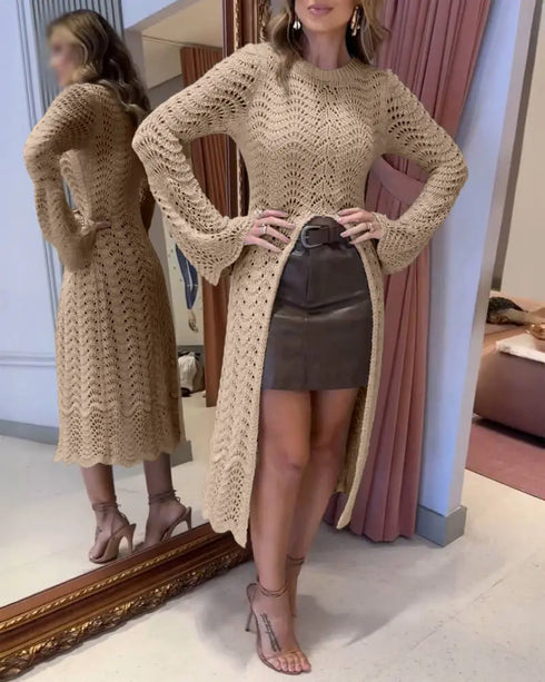 Round Neck Asymmetrical Hem Hollow Out Knitted Sweater Casual Scallop Trim Bell Sleeve Top khaki