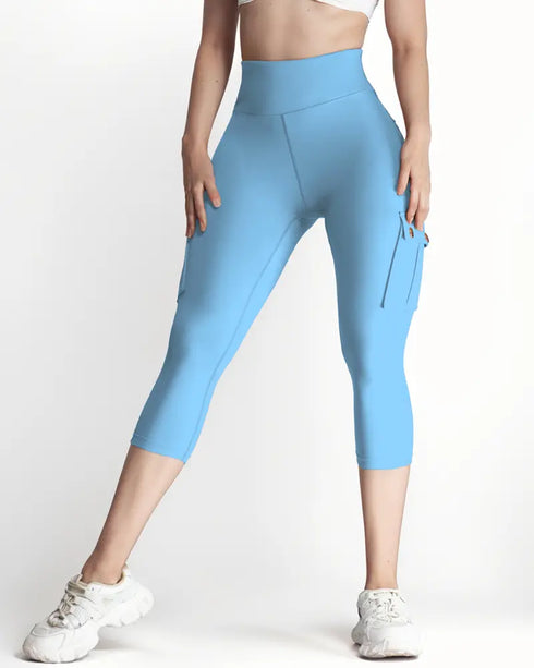 Butt Lifting Biker Capris Leggings High Waist Flap Pocket Workout Capris Gym Pants Lighted Blue