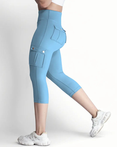 Butt Lifting Biker Capris Leggings High Waist Flap Pocket Workout Capris Gym Pants Lighted Blue