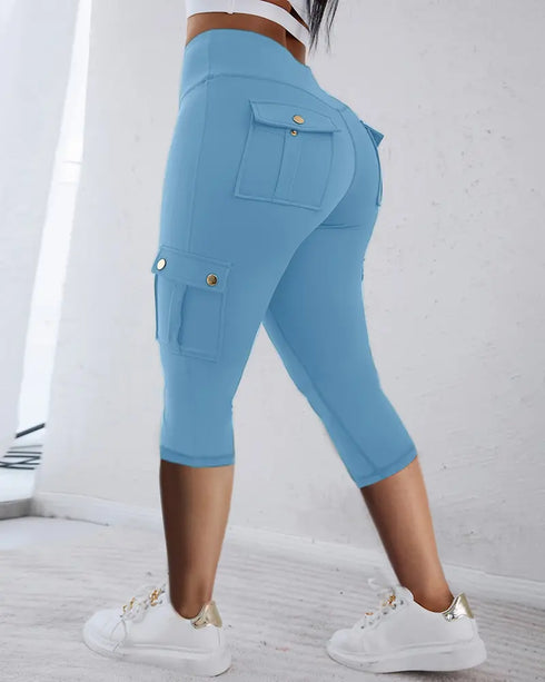 Butt Lifting Biker Capris Leggings High Waist Flap Pocket Workout Capris Gym Pants Lighted Blue