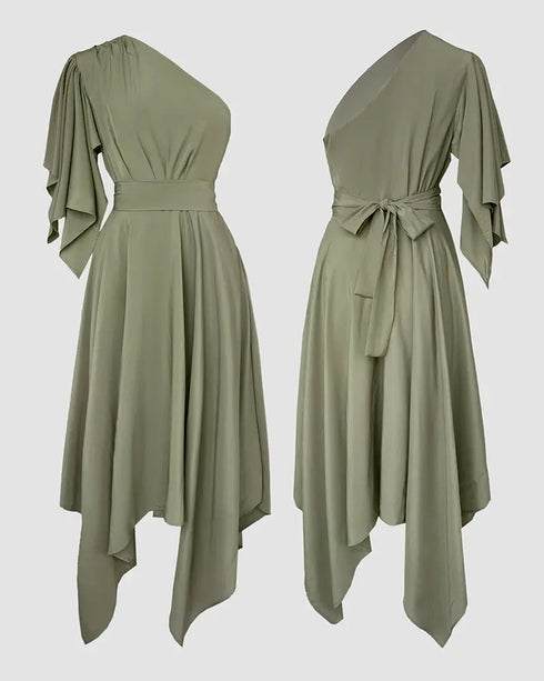 One Shoulder Asymmetrical Sleeve Bow Tie Party Dress Casual Zipper Side Cinched Waist Asymmetrical Hem Maxi Dress With Belt green