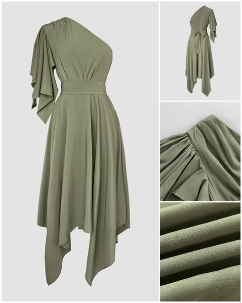 One Shoulder Asymmetrical Sleeve Bow Tie Party Dress Casual Zipper Side Cinched Waist Asymmetrical Hem Maxi Dress With Belt green
