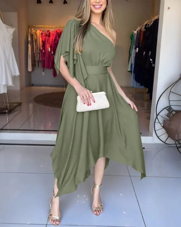 One Shoulder Asymmetrical Sleeve Bow Tie Party Dress Casual Zipper Side Cinched Waist Asymmetrical Hem Maxi Dress With Belt green