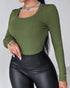 ChicMe Built-in Bra U-Neck Long Sleeve Ribbed Top Army green