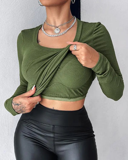 ChicMe Built-in Bra U-Neck Long Sleeve Ribbed Top Army green