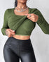 ChicMe Built-in Bra U-Neck Long Sleeve Ribbed Top Army green