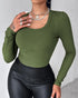 ChicMe Built-in Bra U-Neck Long Sleeve Ribbed Top Army green