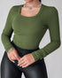 ChicMe Built-in Bra U-Neck Long Sleeve Ribbed Top Army green