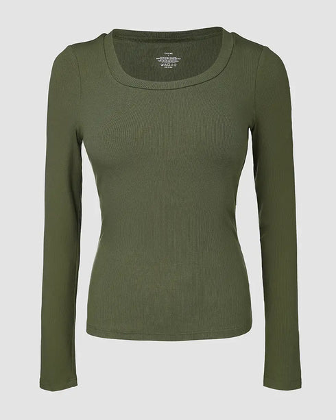 ChicMe Built-in Bra U-Neck Long Sleeve Ribbed Top Army green