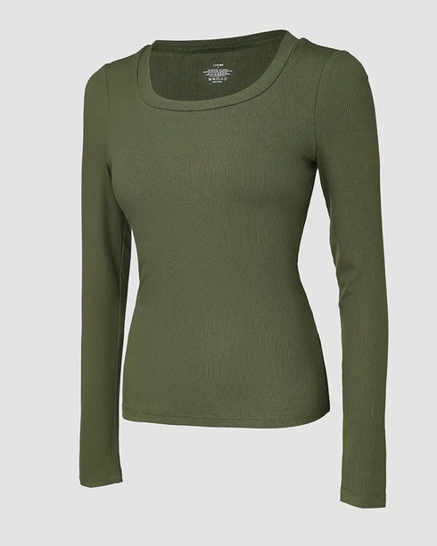 ChicMe Built-in Bra U-Neck Long Sleeve Ribbed Top Army green