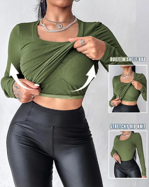 ChicMe Built-in Bra U-Neck Long Sleeve Ribbed Top Army green