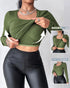 ChicMe Built-in Bra U-Neck Long Sleeve Ribbed Top Army green