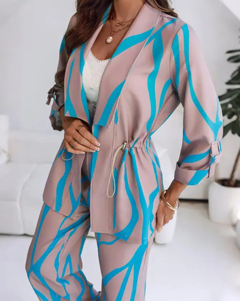 2 Pieces Outfit Shawl Lapel Turn-Up Sleeves Drawstring Waist Open Front Coat and Elastic Back Waist Wide Leg Pants Set Casual Abstract Print Commuting Set blue