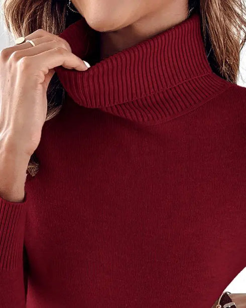 Turtleneck Long Sleeve Slim Fit Knit Sweater Fleece Lined Basic Layering Soft Thermal Top Wine red