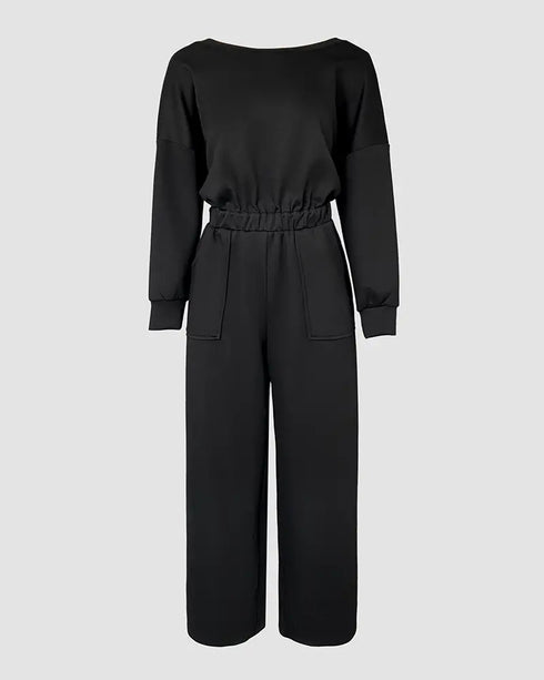Drop Shoulder Long Sleeve Contrast Lace Backless Overalls Casual Elastic Waist Wide Leg Jumpsuit black