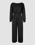 Off Shoulder V-Back Elastic Waist Pockets Design Jumpsuit Casual Drop Shoulder Cinched Waist Wide Leg Jumpsuit black