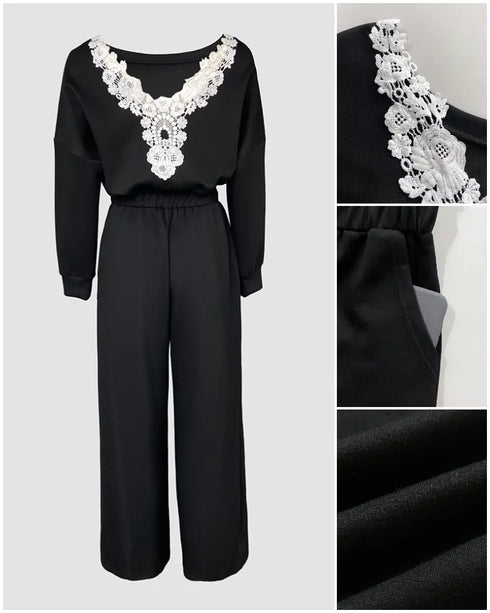 Off Shoulder V-Back Elastic Waist Pockets Design Jumpsuit Casual Drop Shoulder Cinched Waist Wide Leg Jumpsuit black