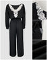 Drop Shoulder Long Sleeve Contrast Lace Backless Overalls Casual Elastic Waist Wide Leg Jumpsuit black