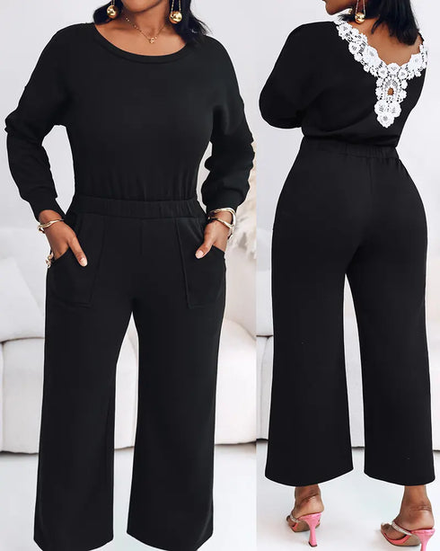 Drop Shoulder Long Sleeve Contrast Lace Backless Overalls Casual Elastic Waist Wide Leg Jumpsuit black