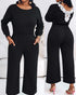Drop Shoulder Long Sleeve Contrast Lace Backless Overalls Casual Elastic Waist Wide Leg Jumpsuit black
